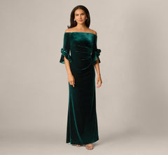 Bell Sleeve Off Shoulder Stretch Velvet Rosette Gown In Hunter