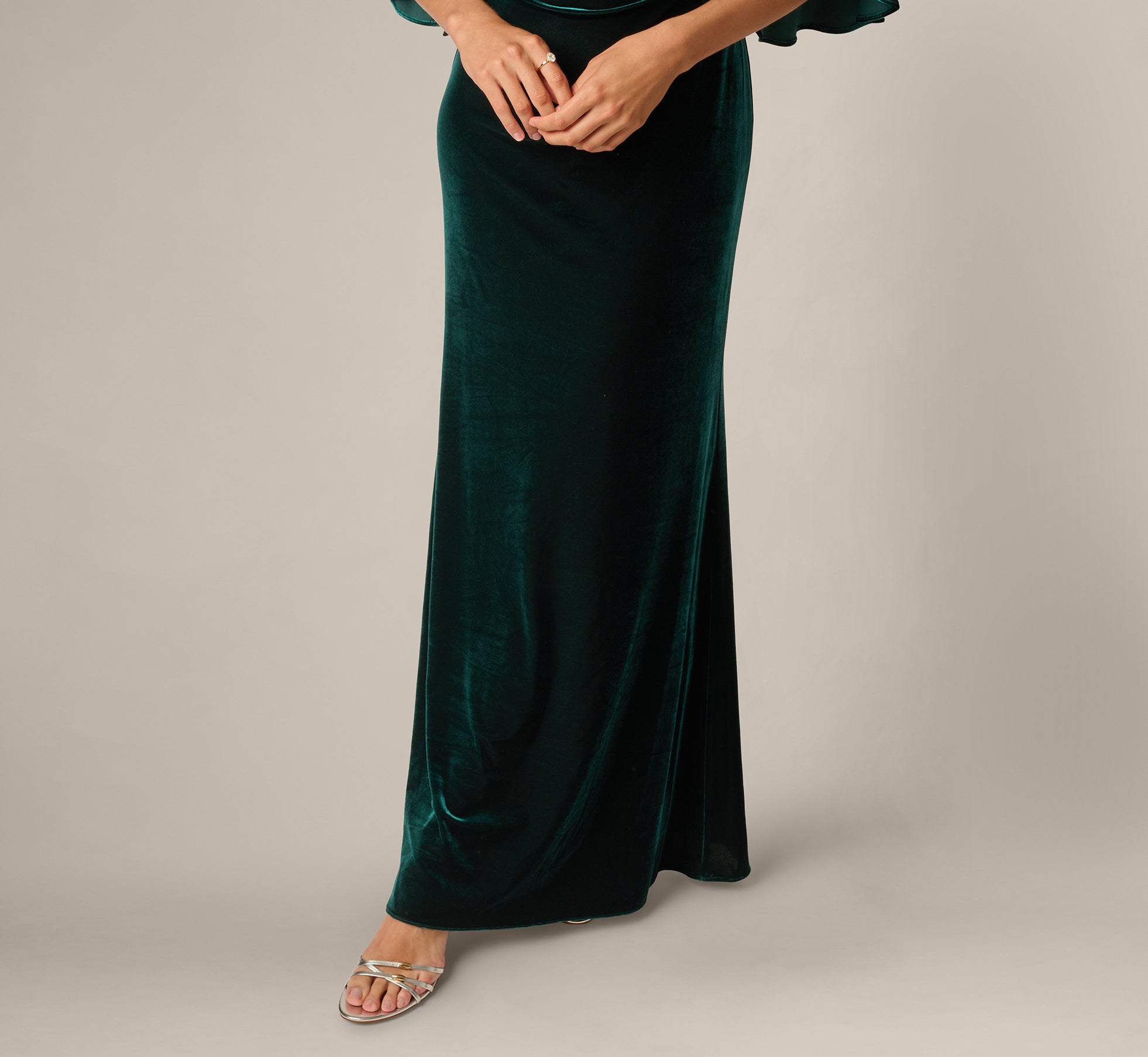 Bell Sleeve Off Shoulder Stretch Velvet Rosette Gown In Hunter