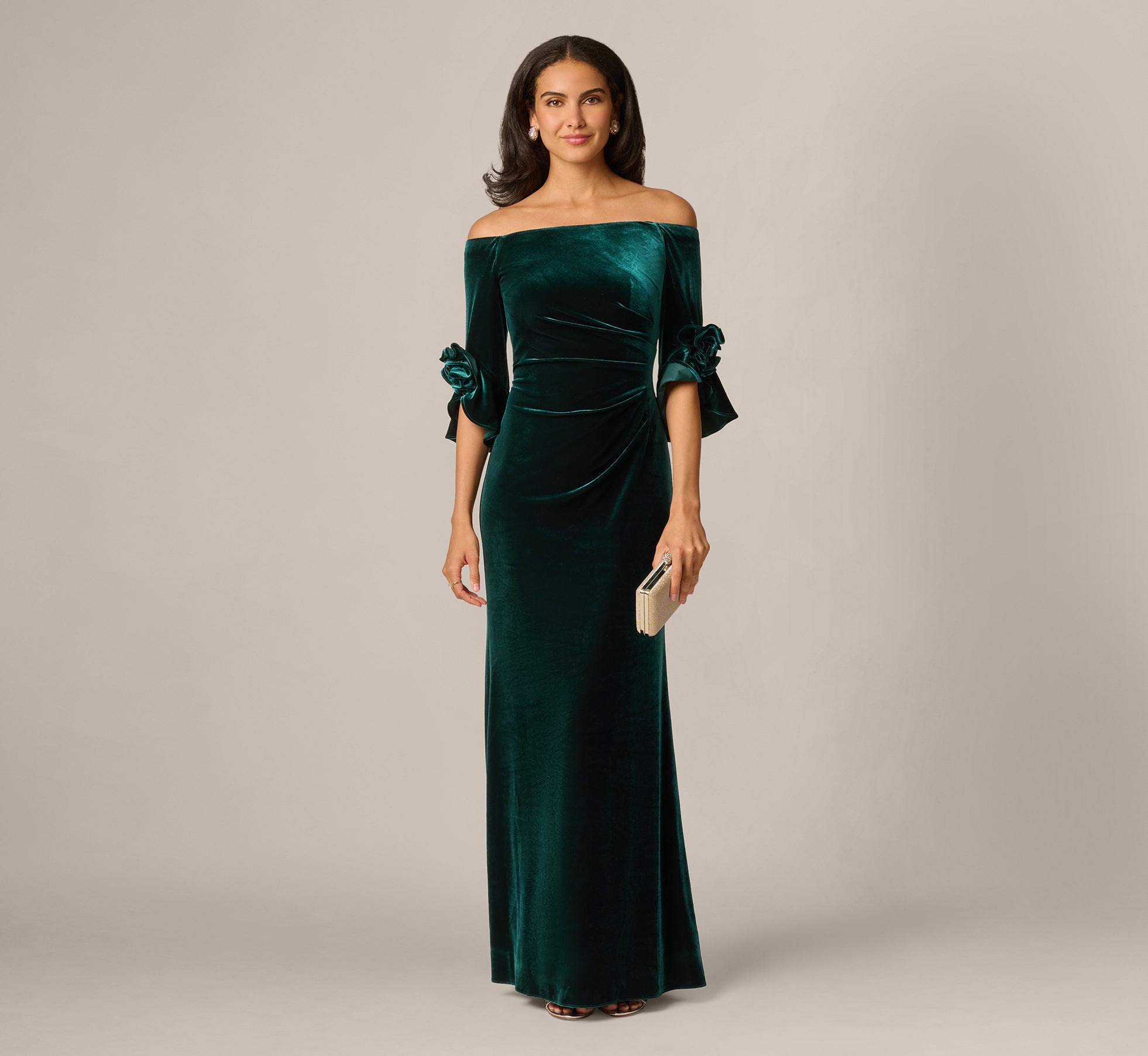 Bell Sleeve Off Shoulder Stretch Velvet Rosette Gown In Hunter