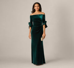 Bell Sleeve Off Shoulder Stretch Velvet Rosette Gown In Hunter