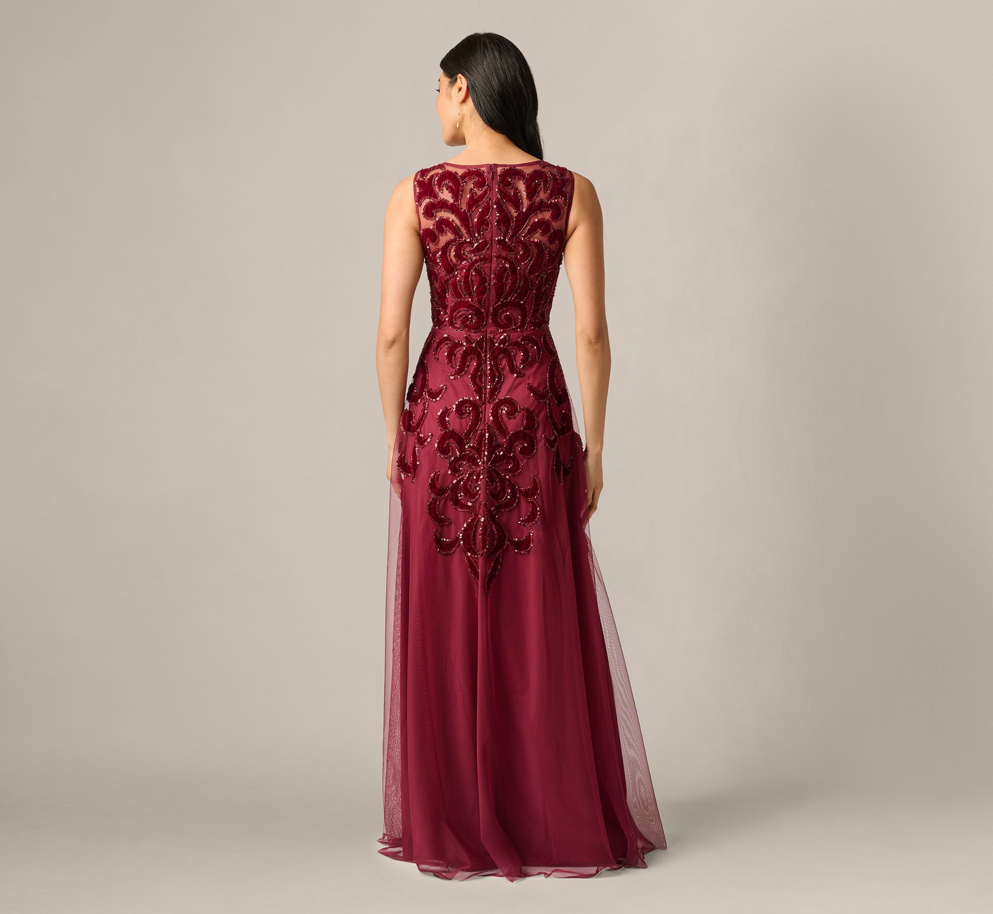 Baroque Scroll Velvet Beaded Gown In Mahogany