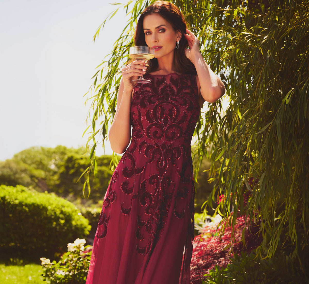Baroque Scroll Velvet Beaded Gown In Mahogany