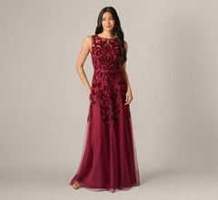 Baroque Scroll Velvet Beaded Gown In Mahogany
