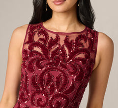 Baroque Scroll Velvet Beaded Gown In Mahogany