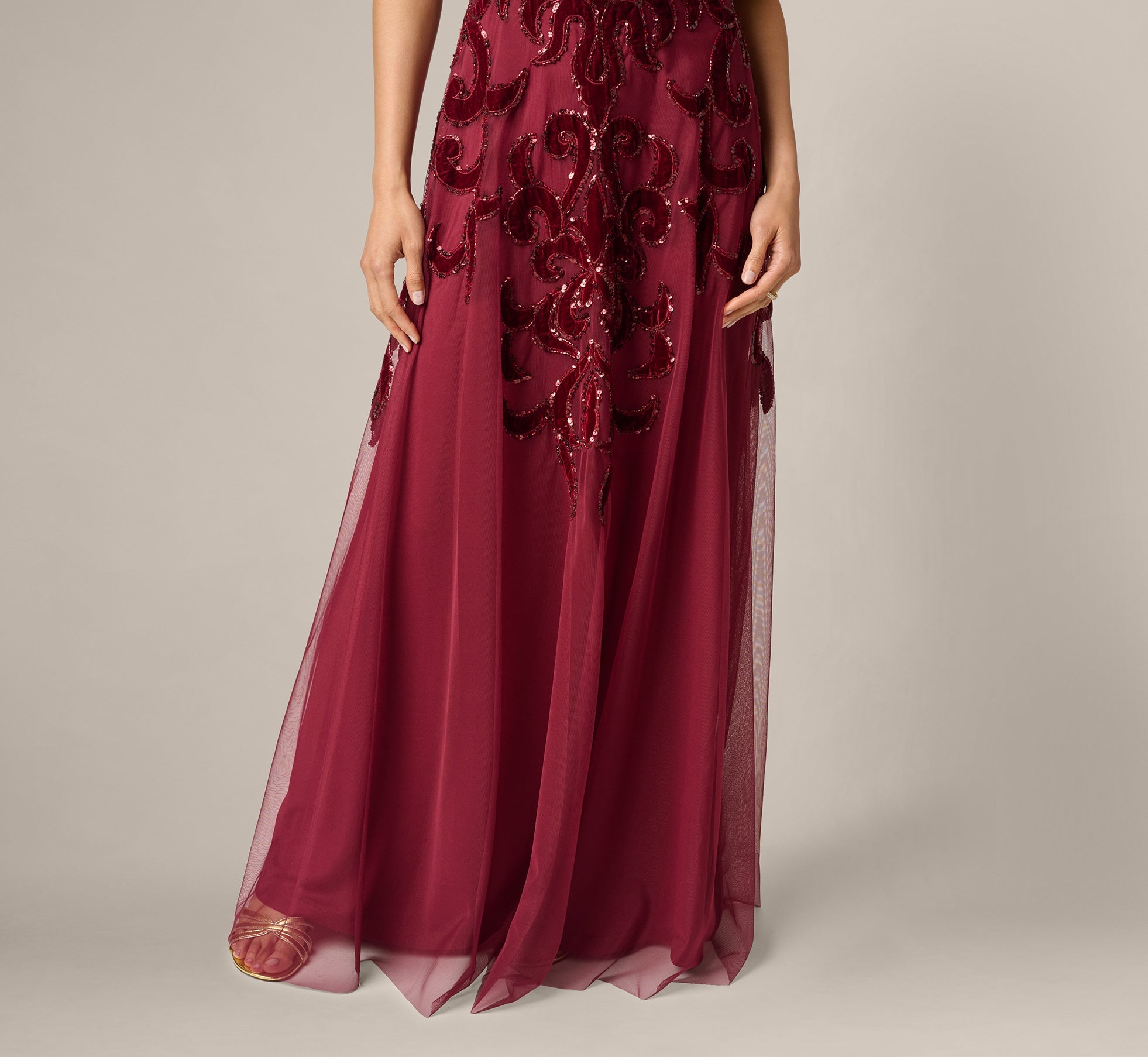Baroque Scroll Velvet Beaded Gown In Mahogany