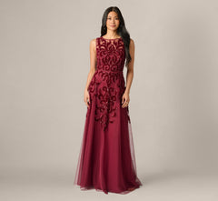 Baroque Scroll Velvet Beaded Gown In Mahogany