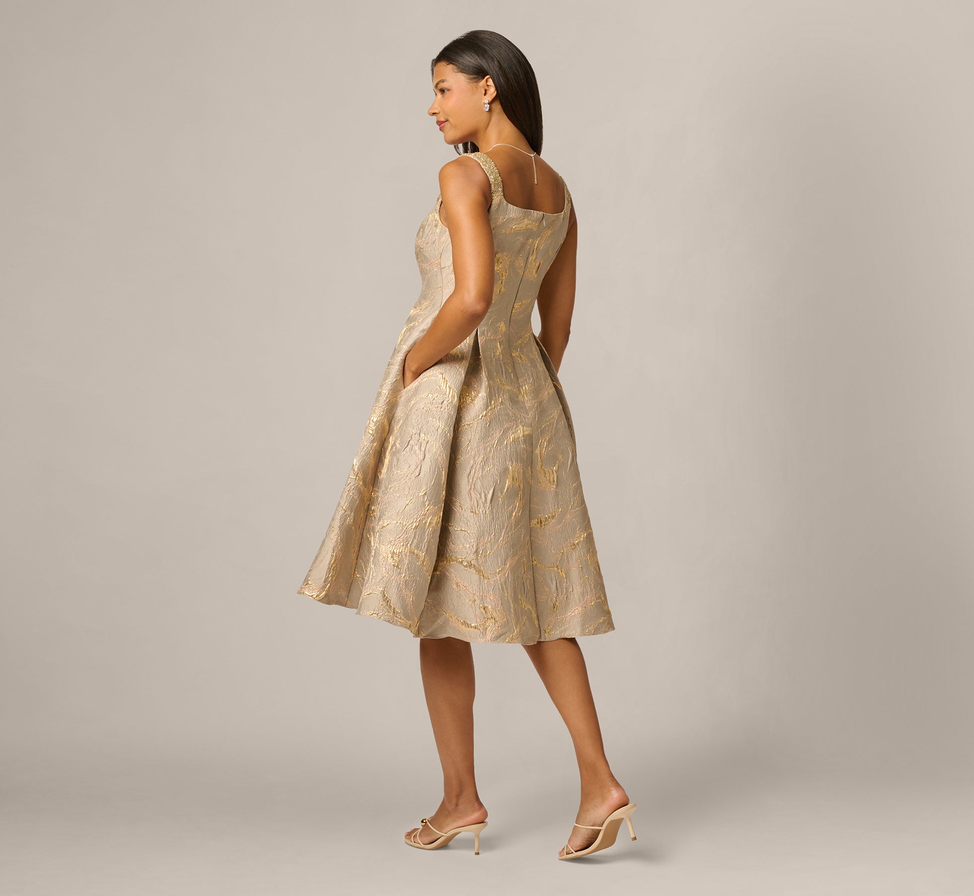 Beaded Square Neck Metallic Fit And Flare Midi Dress In Mink