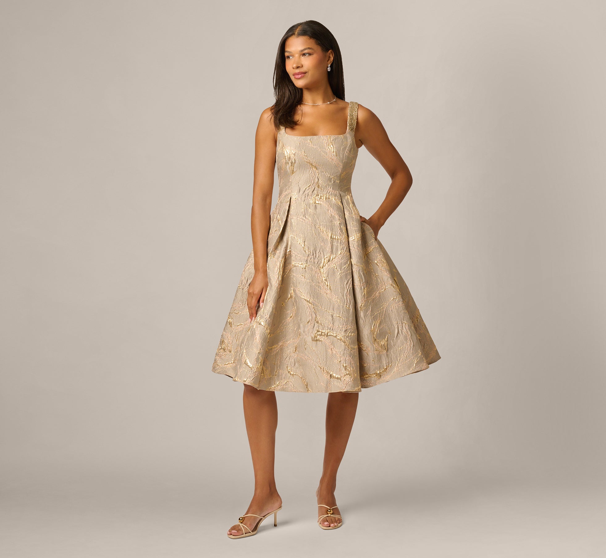 Beaded Square Neck Metallic Fit And Flare Midi Dress In Mink