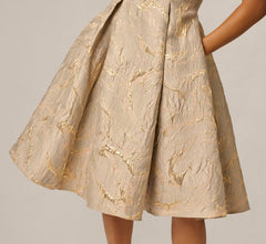 Beaded Square Neck Metallic Fit And Flare Midi Dress In Mink