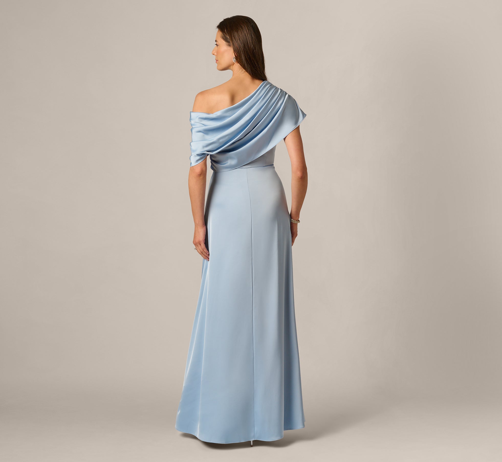 Asymmetrical Draped Neck Stretch Satin Gown In Elegant Sky