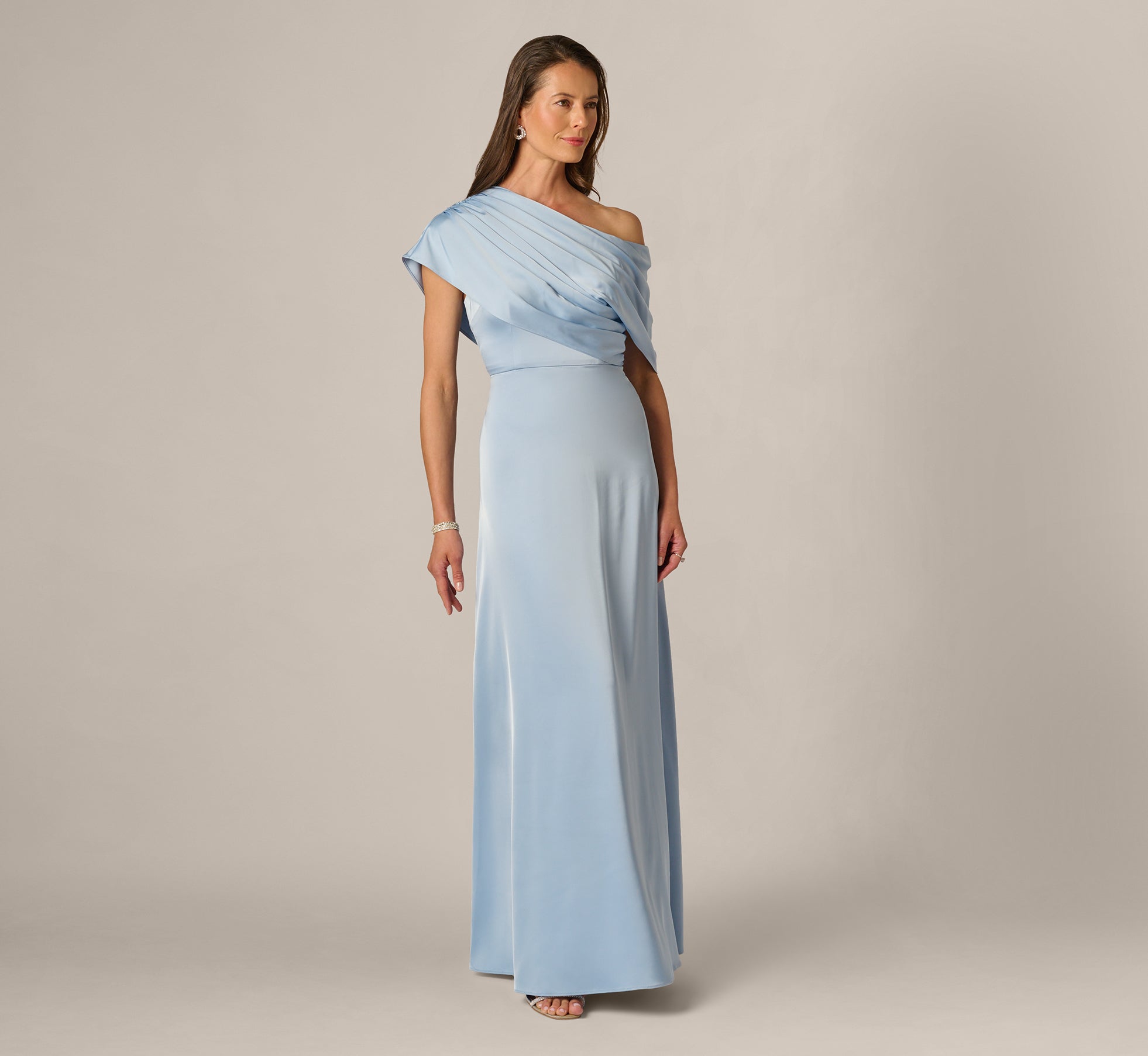 Asymmetrical Draped Neck Stretch Satin Gown In Elegant Sky