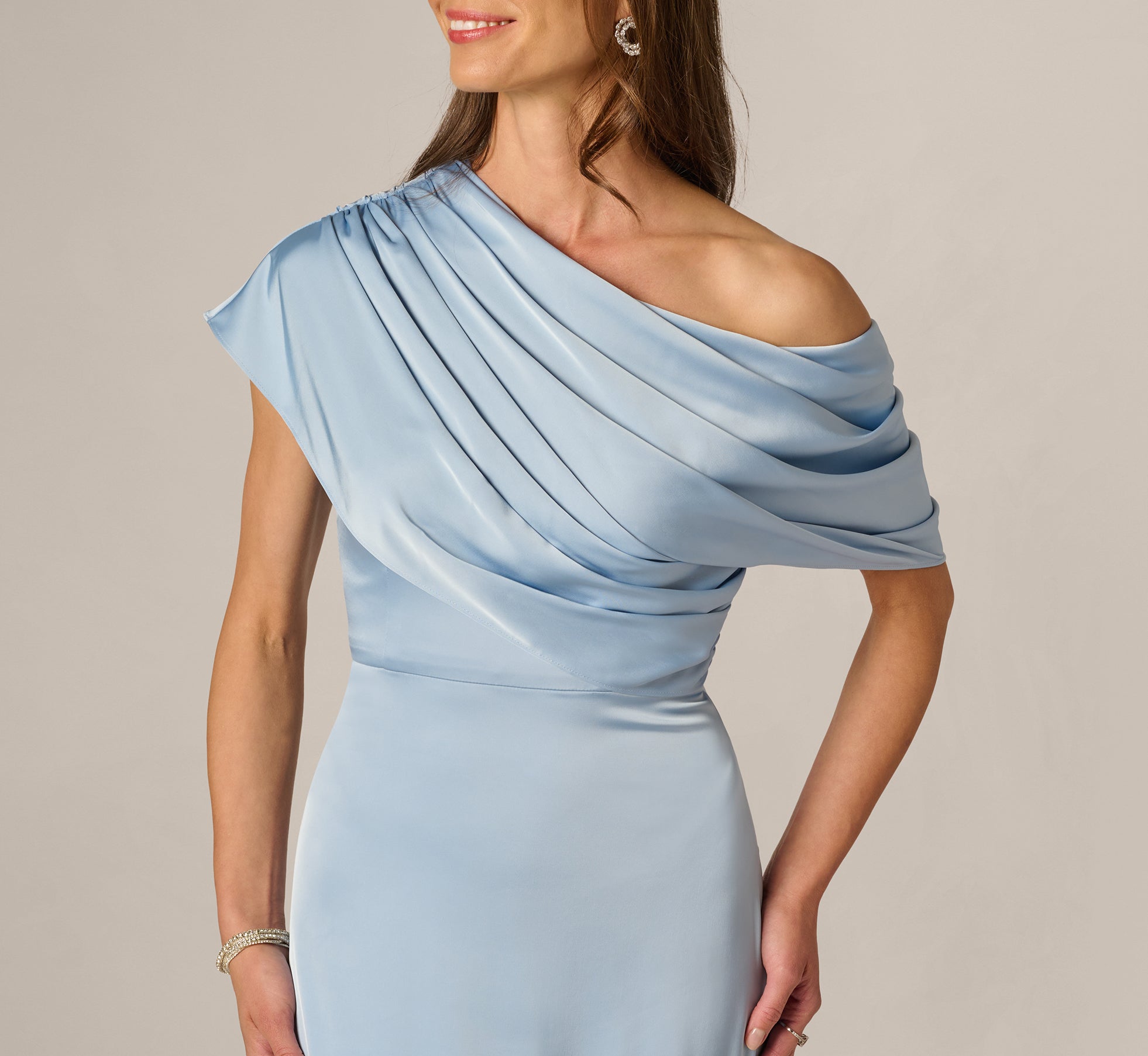 Asymmetrical Draped Neck Stretch Satin Gown In Elegant Sky