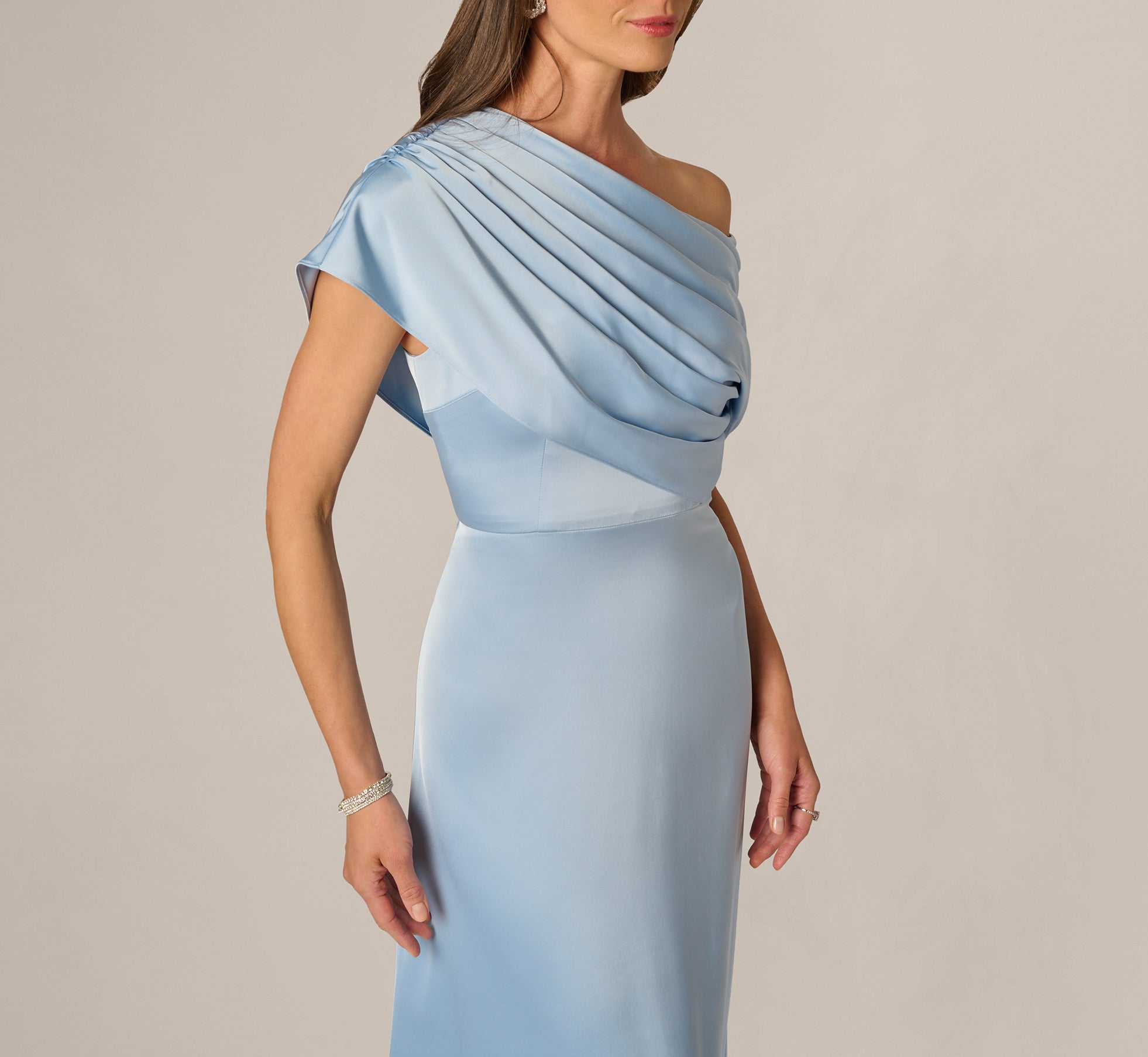 Asymmetrical Draped Neck Stretch Satin Gown In Elegant Sky