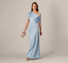 Asymmetrical Draped Neck Stretch Satin Gown In Elegant Sky