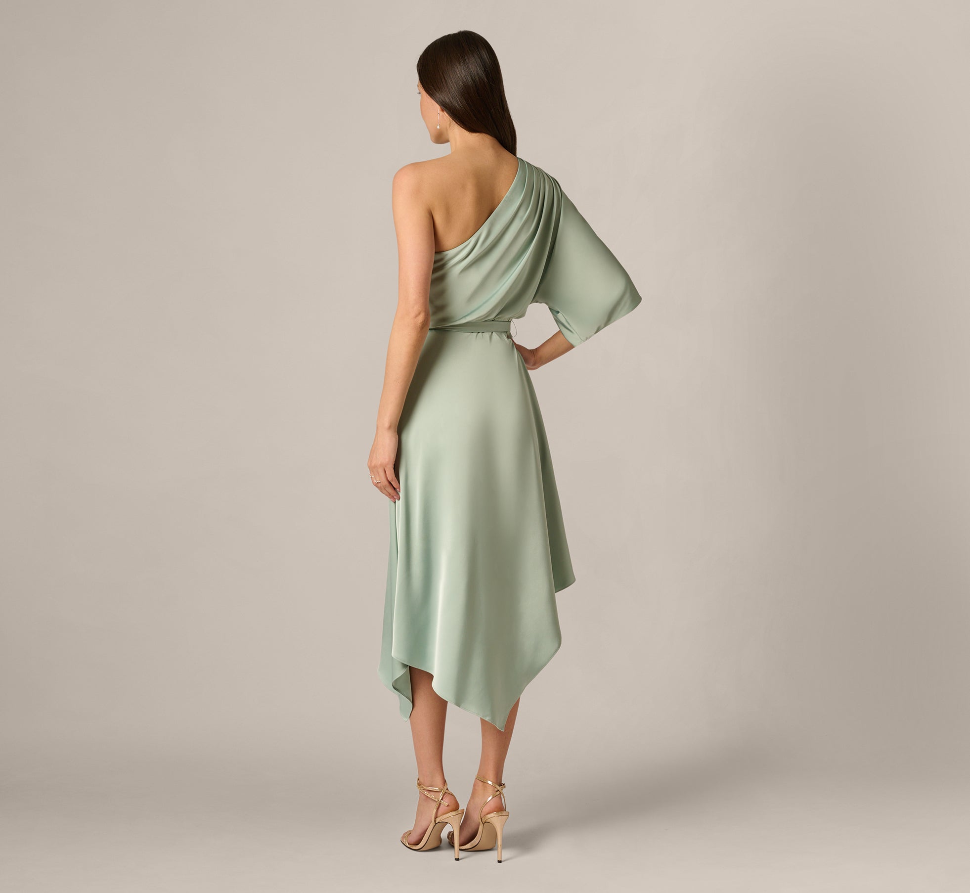 Asymmetrical Draped Stretch Satin Midi Dress In Icy Sage