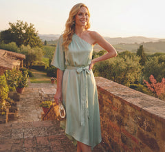 Asymmetrical Draped Stretch Satin Midi Dress In Icy Sage