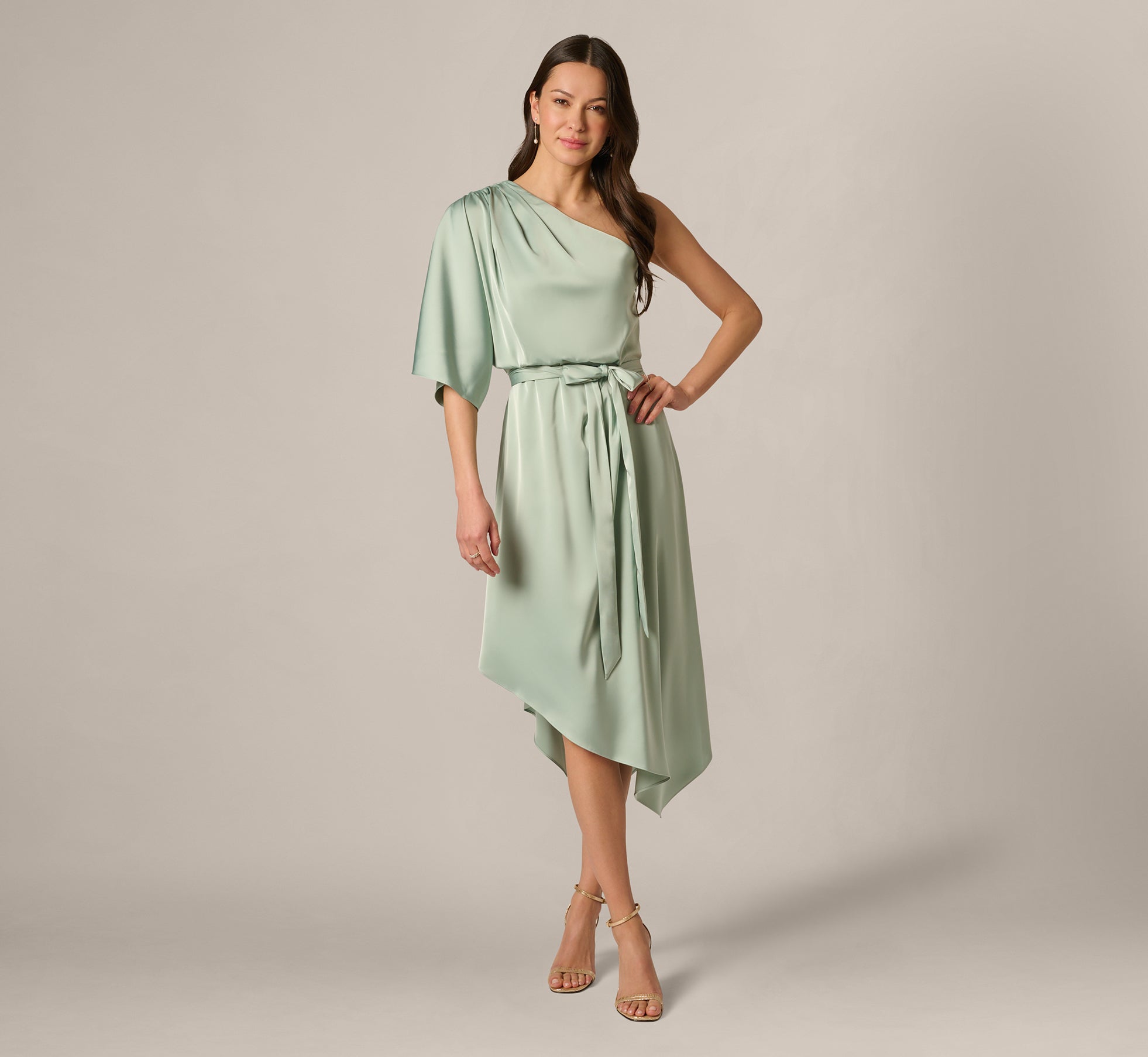 Asymmetrical Draped Stretch Satin Midi Dress In Icy Sage