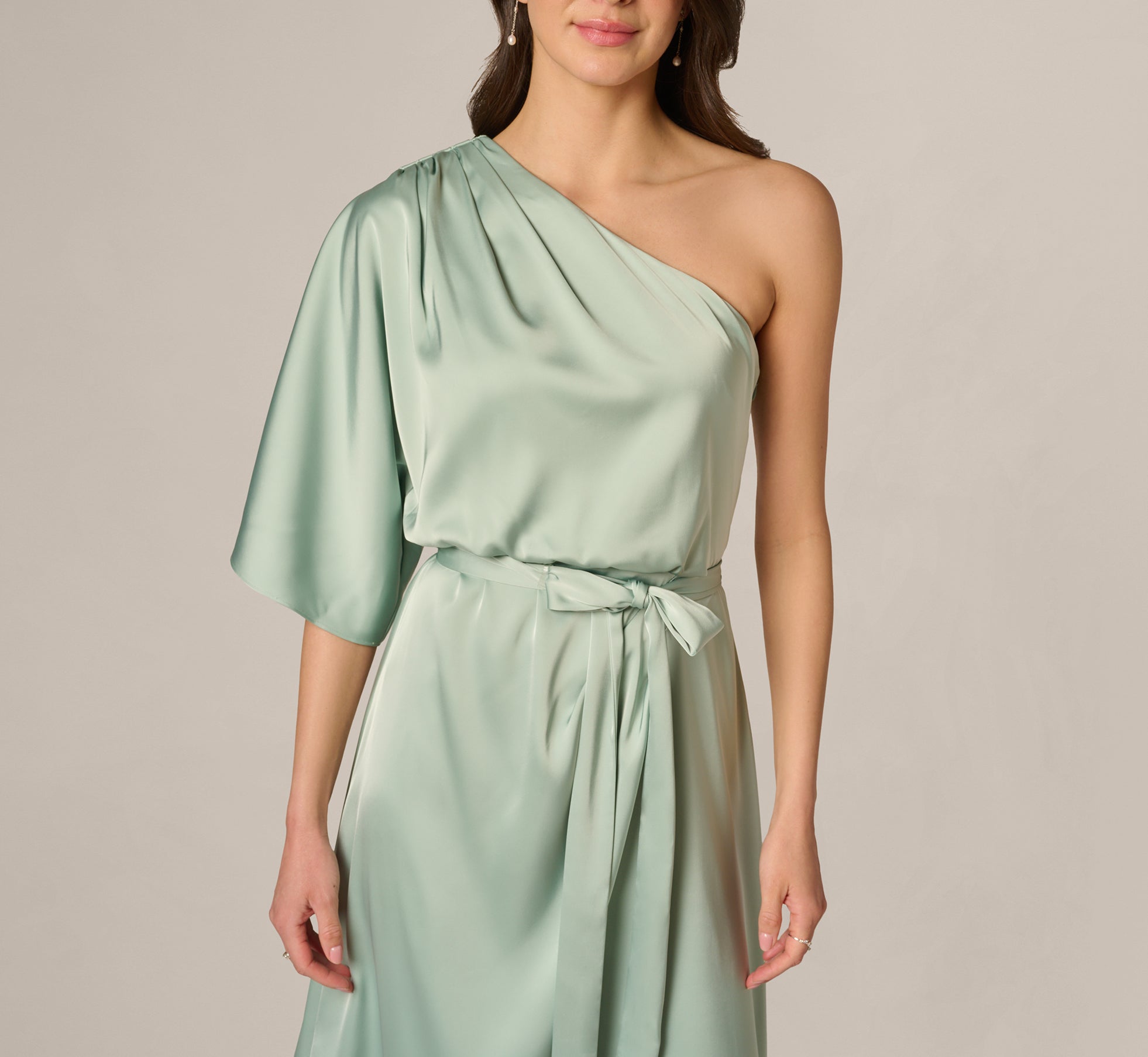 Asymmetrical Draped Stretch Satin Midi Dress In Icy Sage