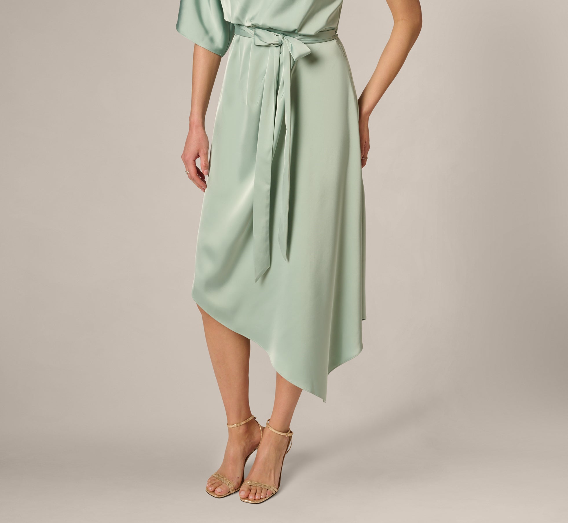Asymmetrical Draped Stretch Satin Midi Dress In Icy Sage