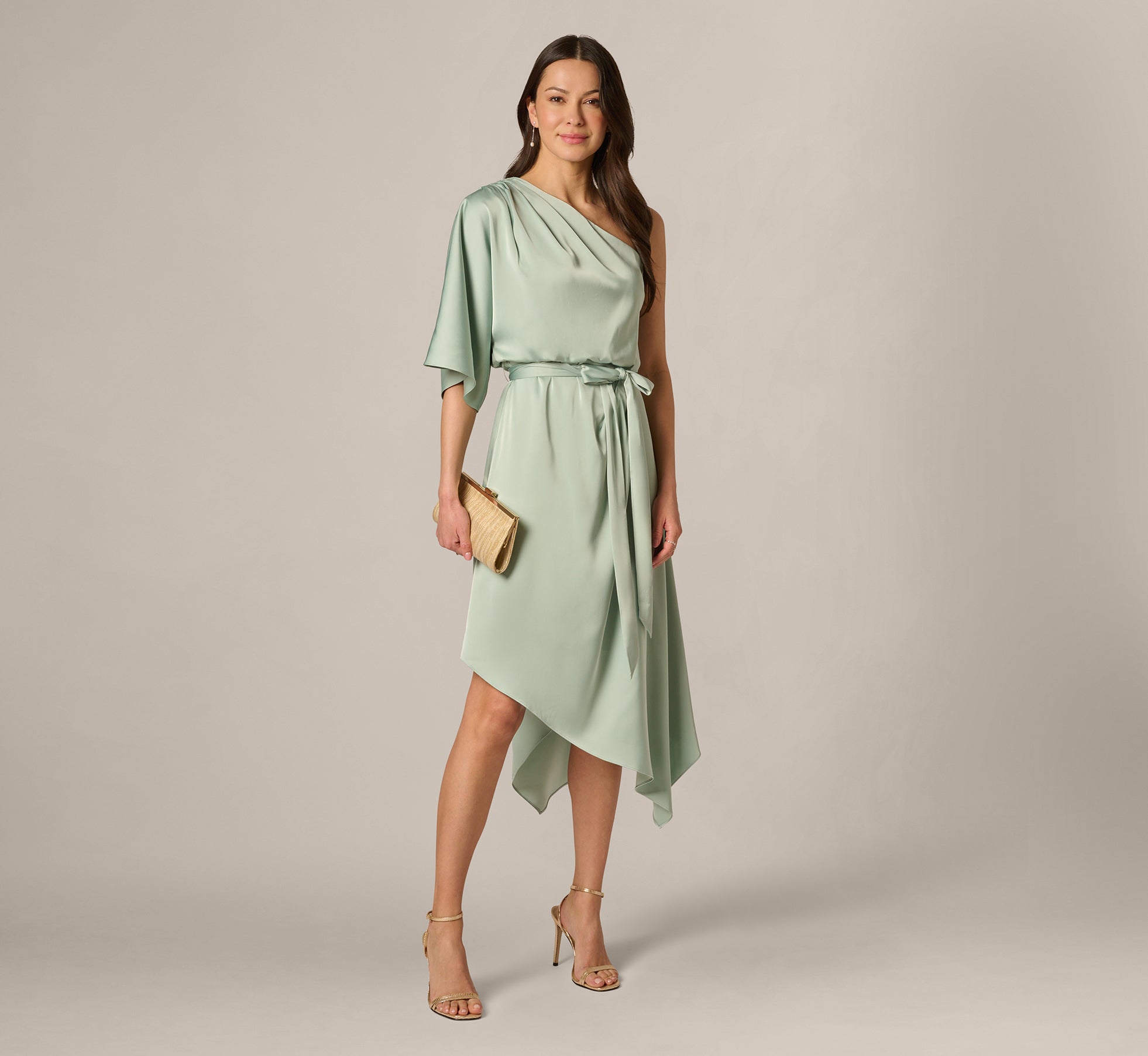 Asymmetrical Draped Stretch Satin Midi Dress In Icy Sage