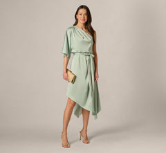 Asymmetrical Draped Stretch Satin Midi Dress In Icy Sage