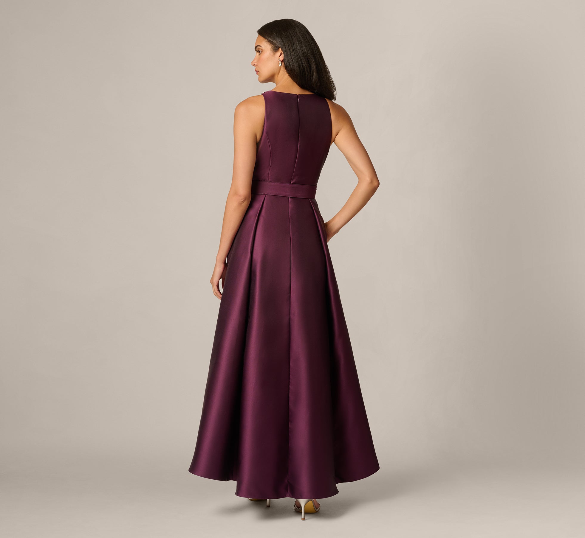 Beaded Collar Mikado Fit And Flare High Low Gown In Pinot Noir