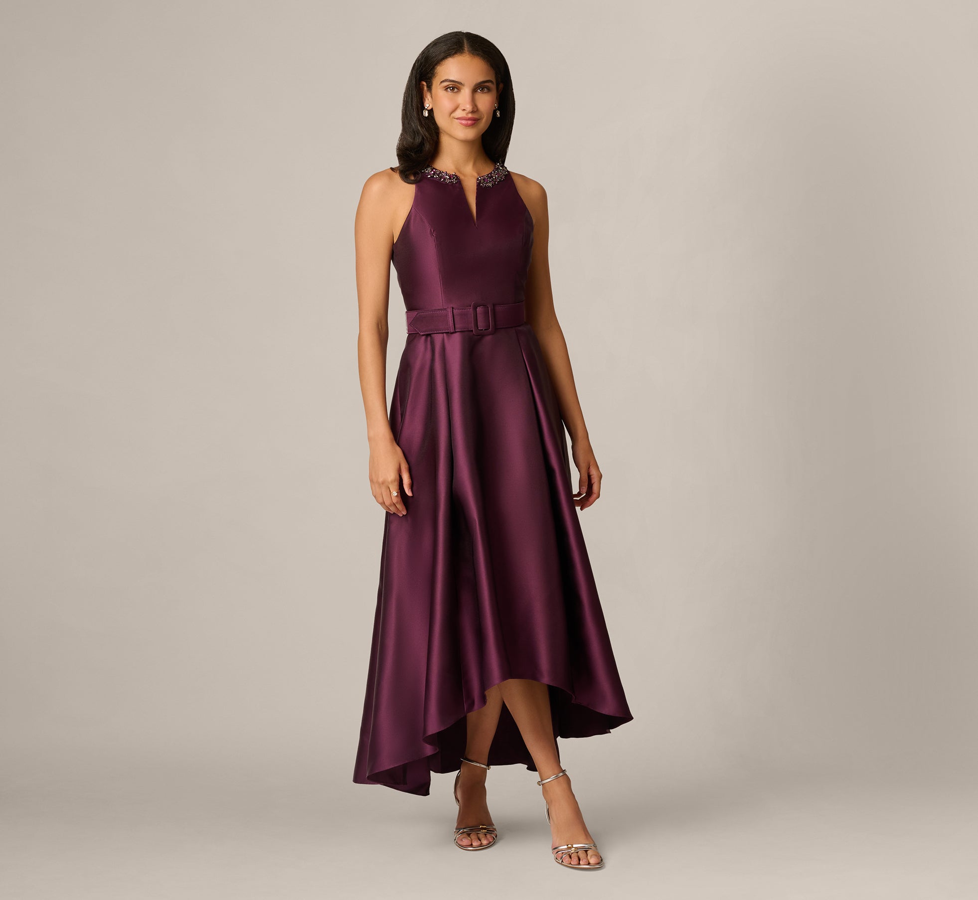 Beaded Collar Mikado Fit And Flare High Low Gown In Pinot Noir
