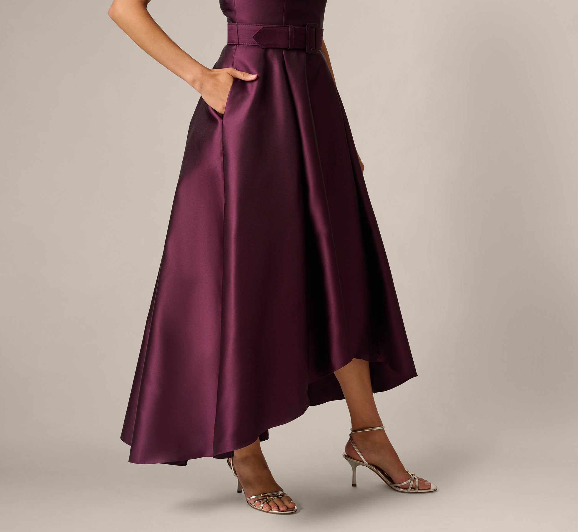 Beaded Collar Mikado Fit And Flare High Low Gown In Pinot Noir