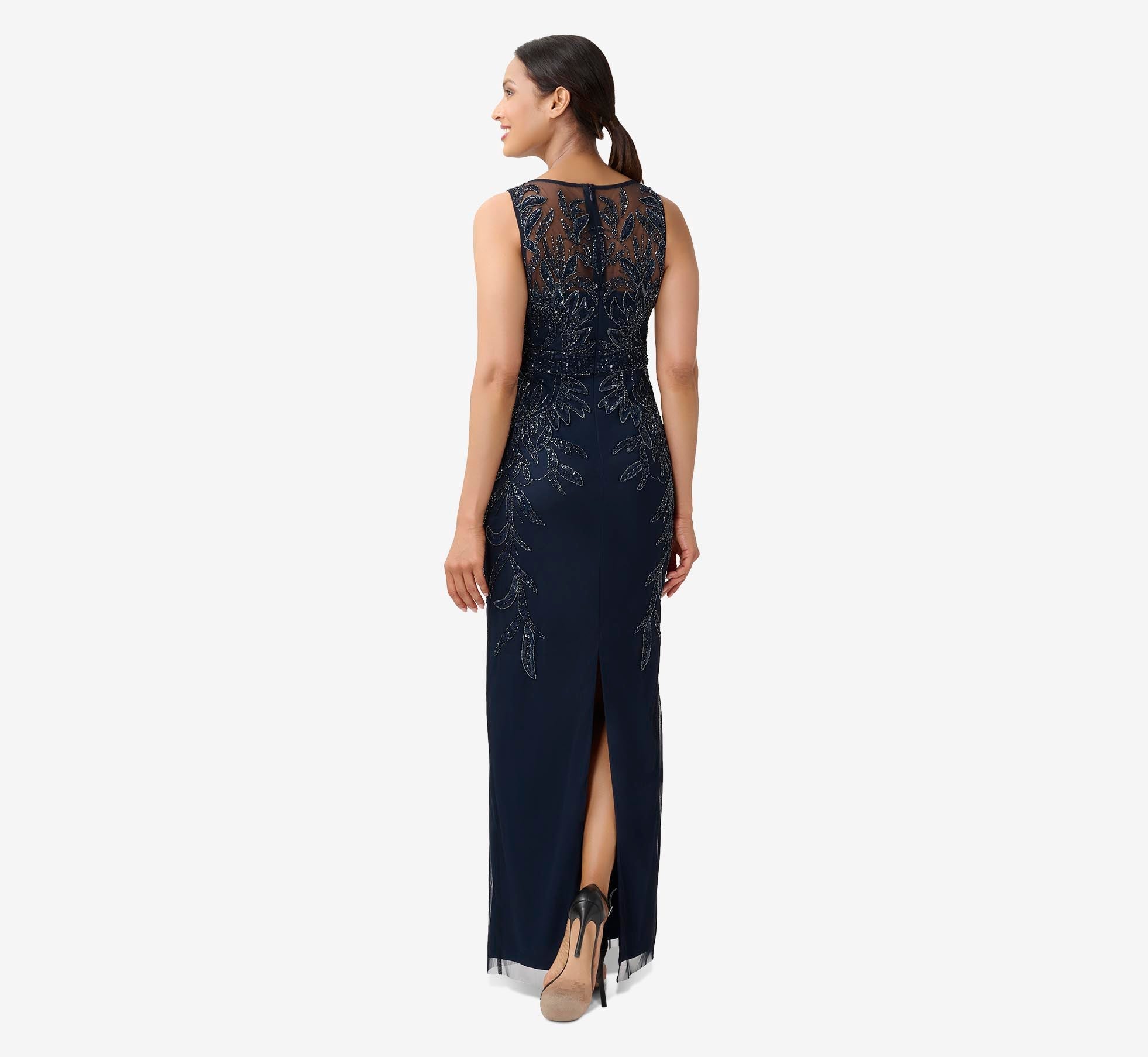 Adrianna Papell Hand-Beaded Sleeveless Slim Column Gown In Midnight