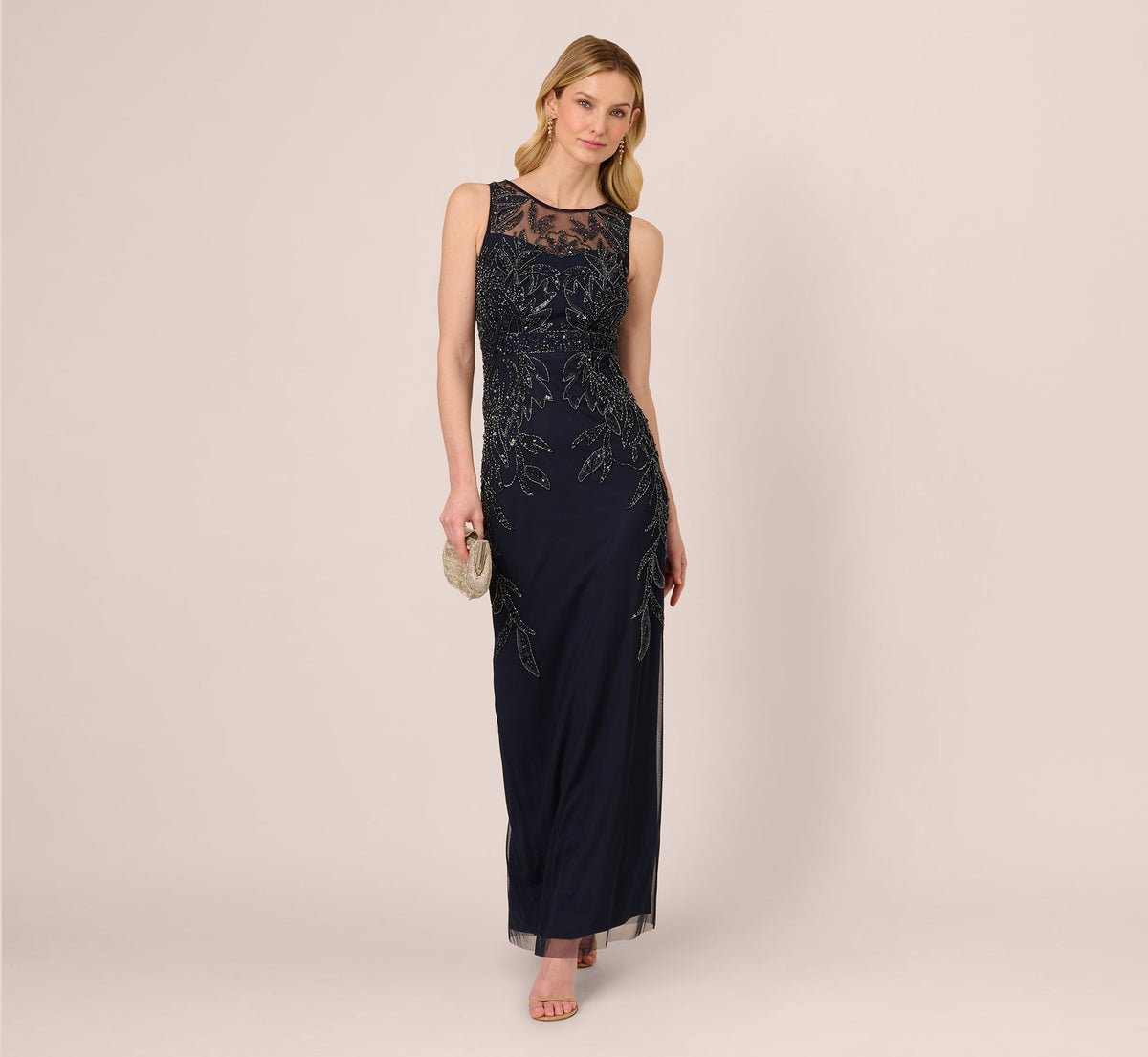 Adrianna Papell Hand-Beaded Sleeveless Slim Column Gown In Midnight