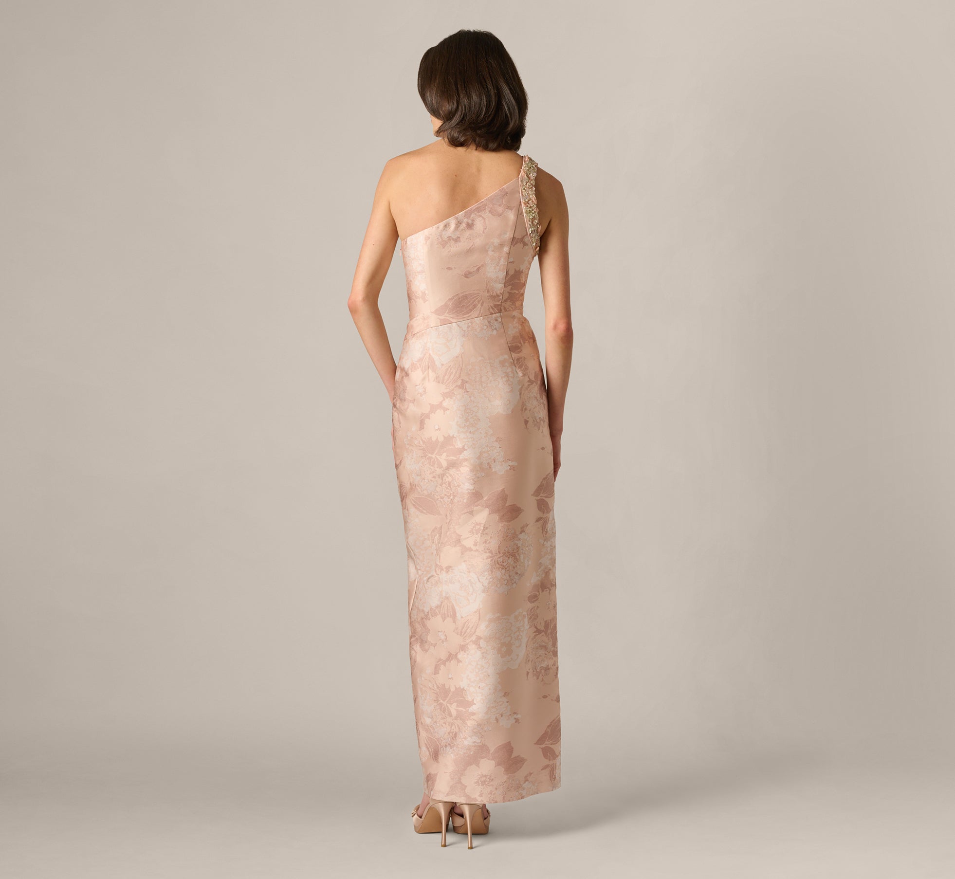Beaded One Shoulder Floral Jacquard Draped Gown In Blush Multi