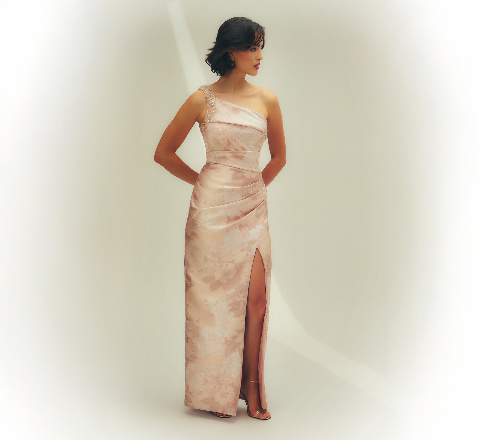 Beaded One Shoulder Floral Jacquard Draped Gown In Blush Multi