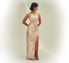 Beaded One Shoulder Floral Jacquard Draped Gown In Blush Multi