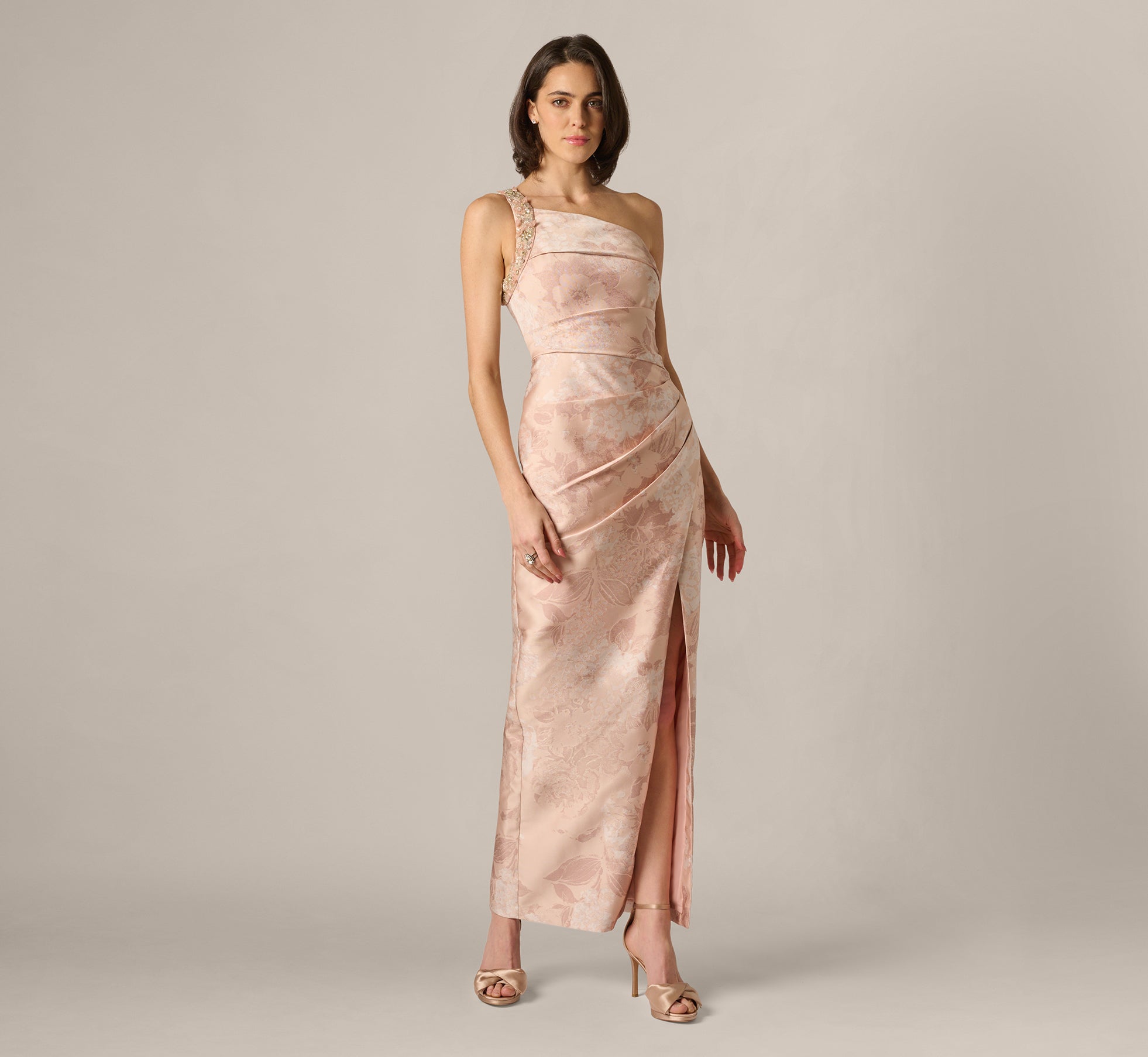 Beaded One Shoulder Floral Jacquard Draped Gown In Blush Multi