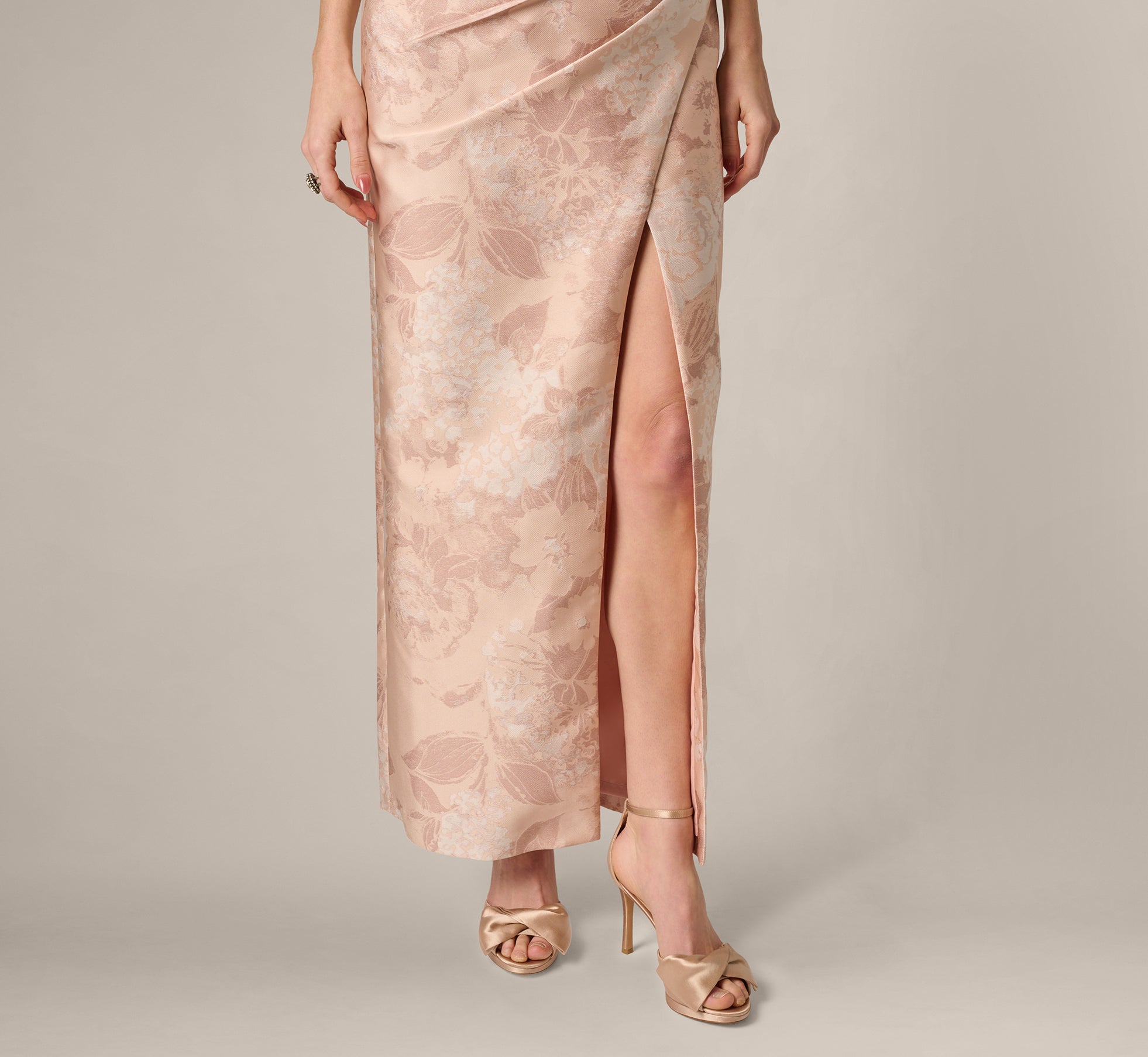 Beaded One Shoulder Floral Jacquard Draped Gown In Blush Multi
