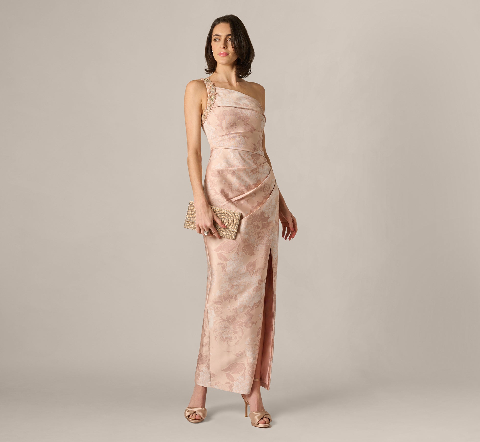 Beaded One Shoulder Floral Jacquard Draped Gown In Blush Multi
