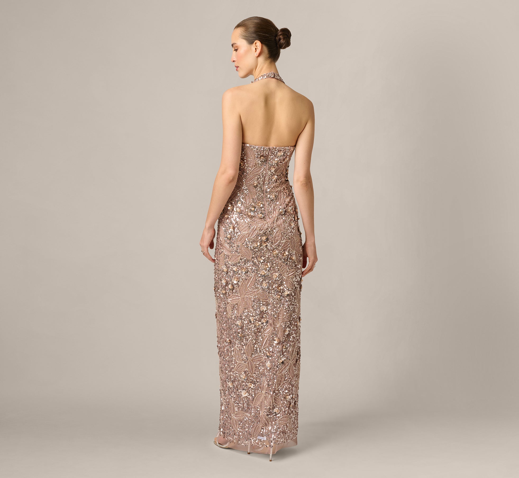 3D Floral Sequin Beaded Halter Gown In Smokey Mauve