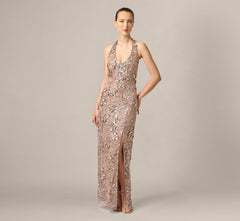 3D Floral Sequin Beaded Halter Gown In Smokey Mauve