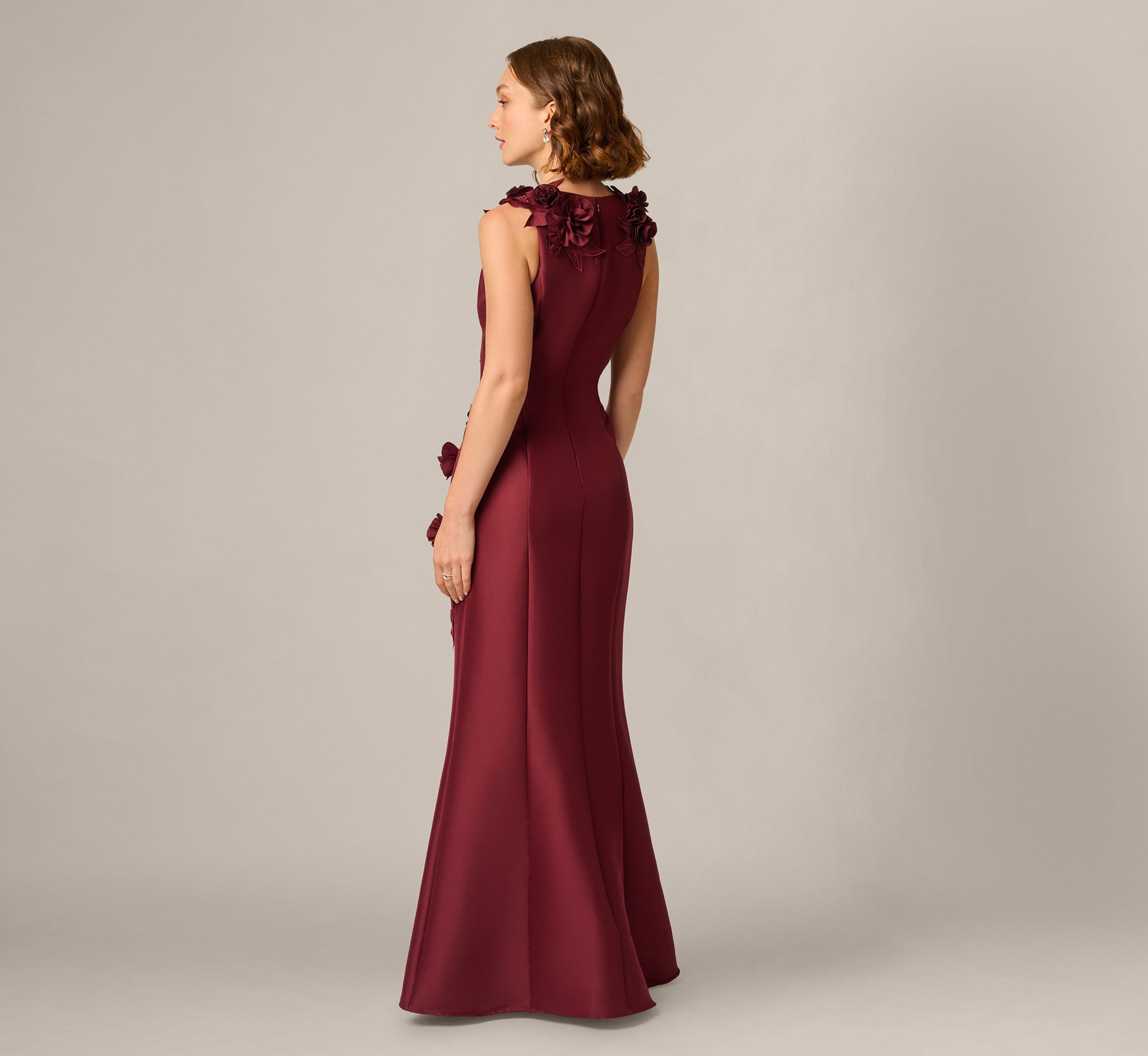 3D Floral Vine Stretch Mikado Mermaid Gown In Mahogany