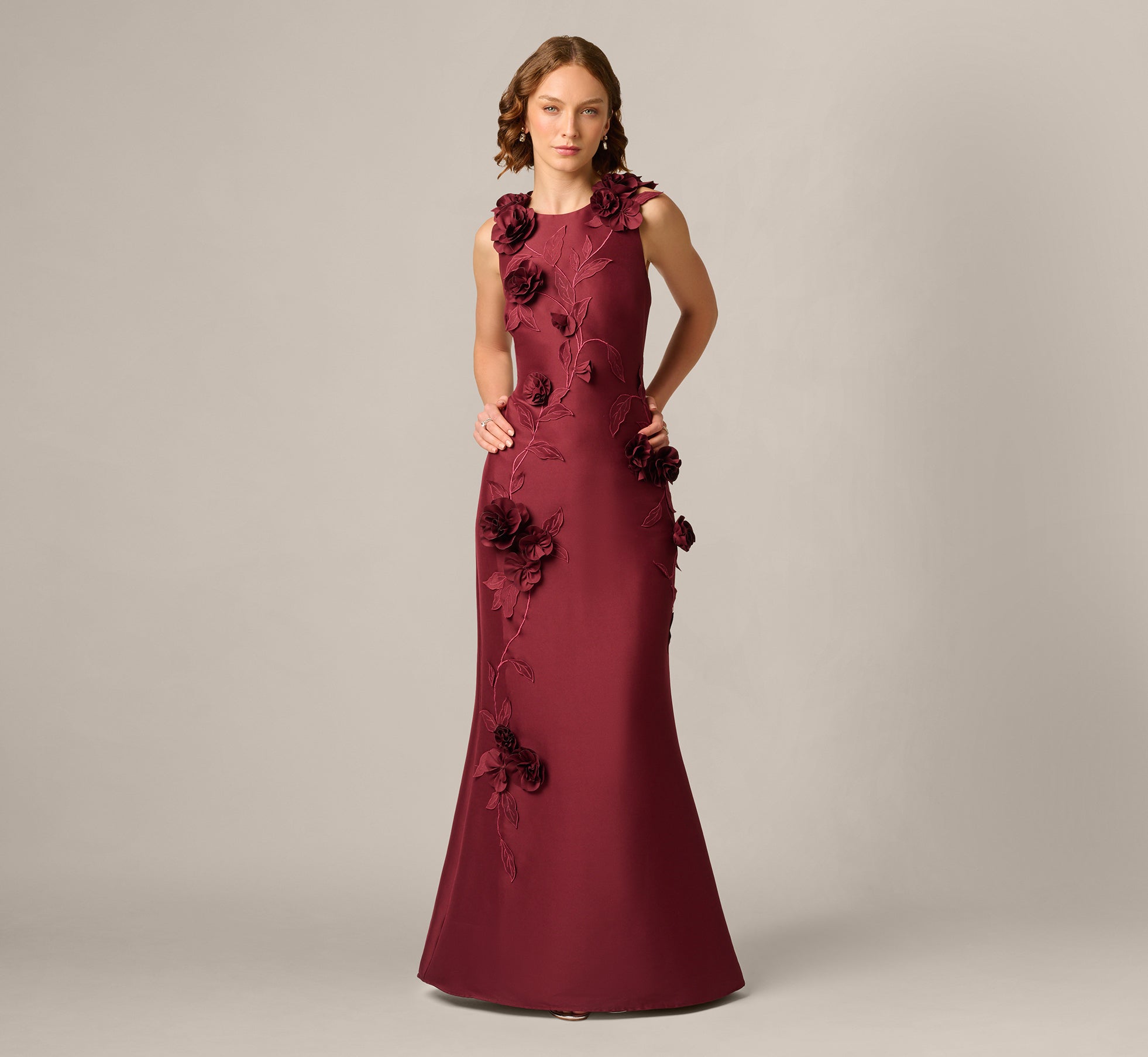 3D Floral Vine Stretch Mikado Mermaid Gown In Mahogany