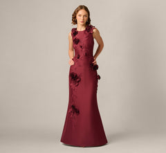 3D Floral Vine Stretch Mikado Mermaid Gown In Mahogany