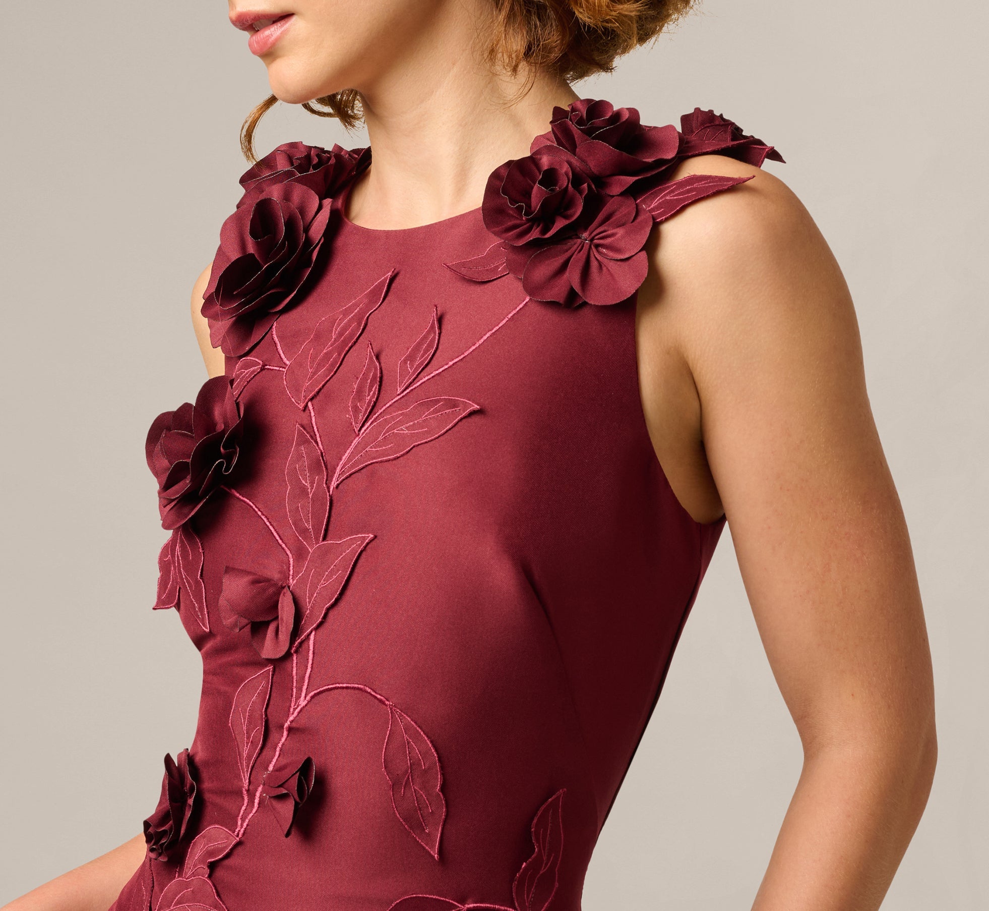 3D Floral Vine Stretch Mikado Mermaid Gown In Mahogany