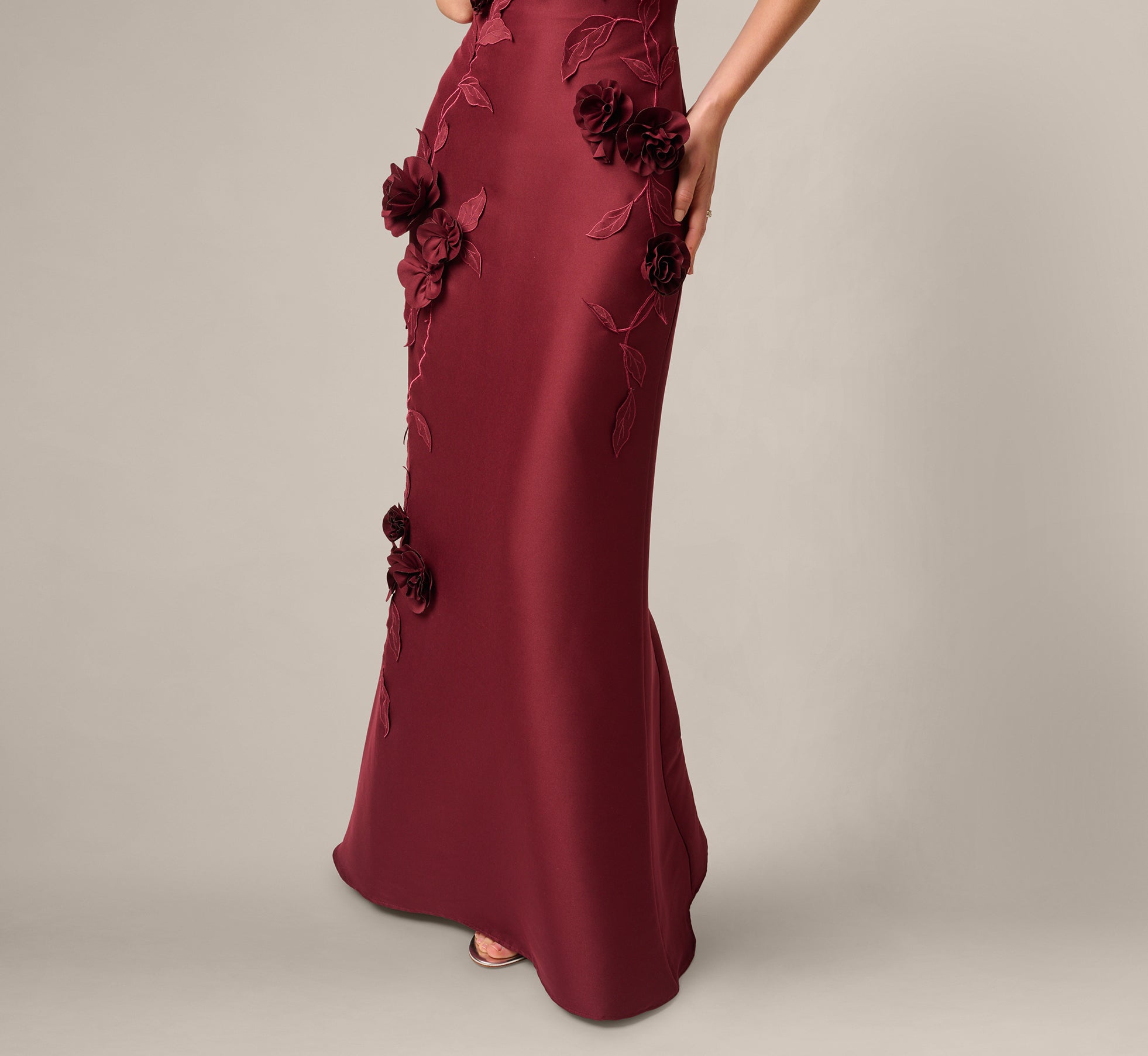 3D Floral Vine Stretch Mikado Mermaid Gown In Mahogany