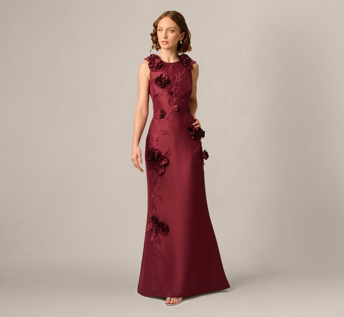 3D Floral Vine Stretch Mikado Mermaid Gown In Mahogany